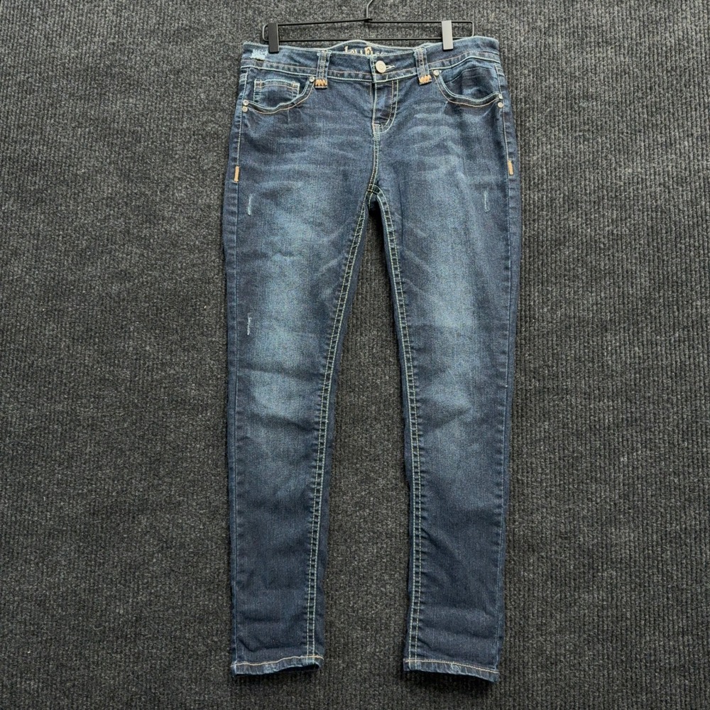 WallFlower Skinny Jeans Womens 13 Blue Embroidered Sequin Pockets Stretch Denim